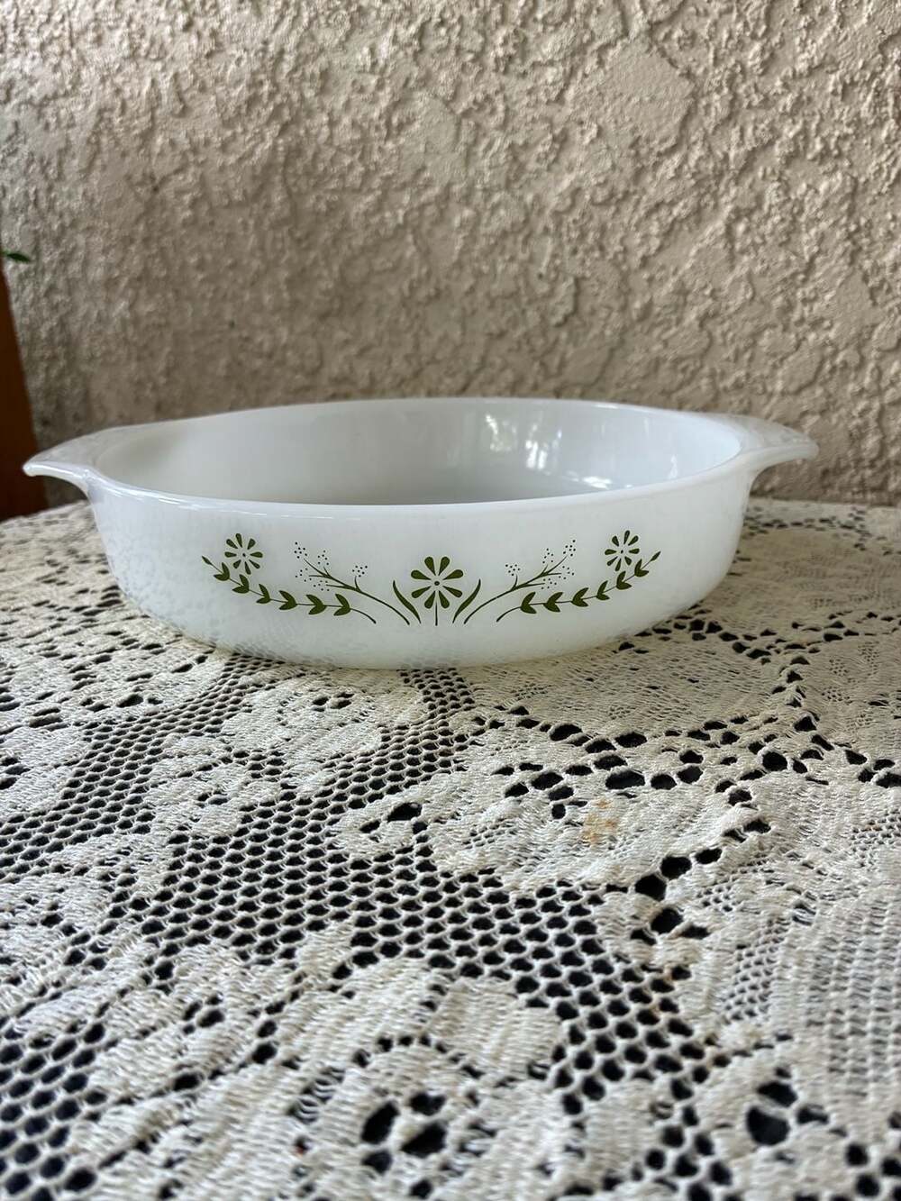 Vintage Glasbake Green Daisy Milk Glass Round Casserole Dish